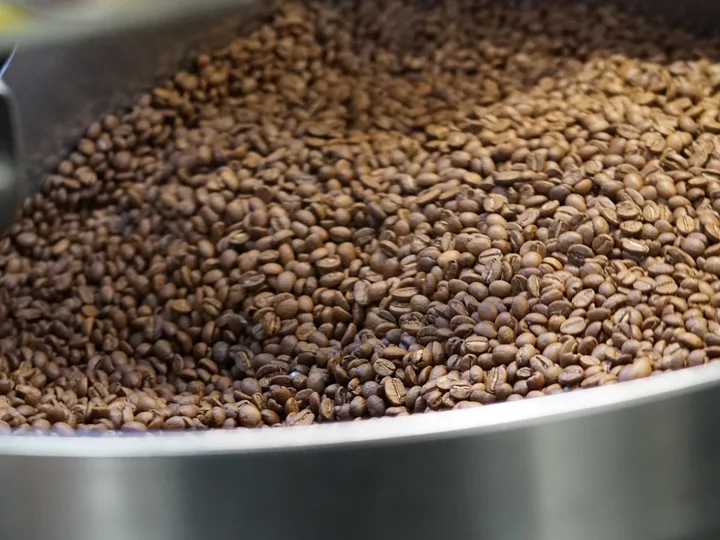 Freshly roasted beans turning in the roaster’s cooling tray